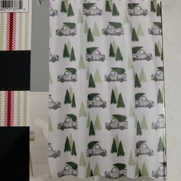 Chirstmas Holiday White & Green Jolly Truck 13-Piece Shower Curtain Set - Picture 5 of 7